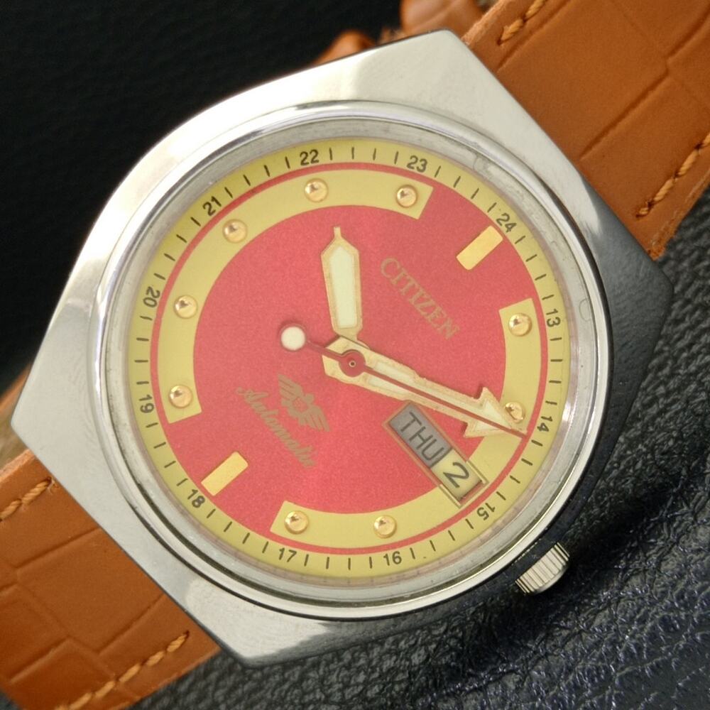 Vintage 1980 Citizen Automatic Mens Silver Watch W/daydate & Red accents
